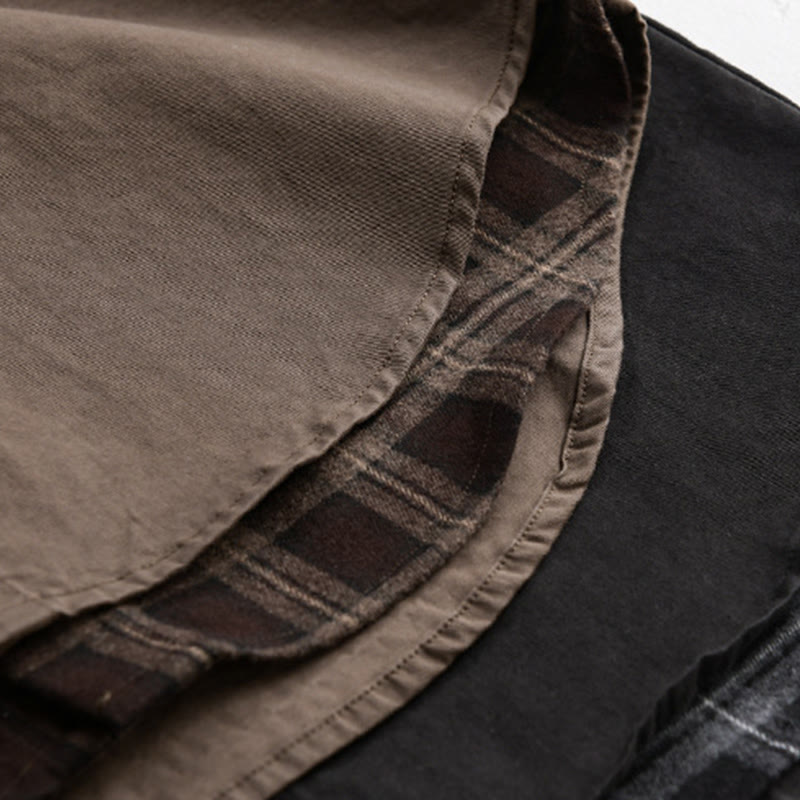 Buddha Stones Spring Plaid Pattern Fake Two-piece Long Sleeve Men's Cotton Jacket With Pocket - image 24