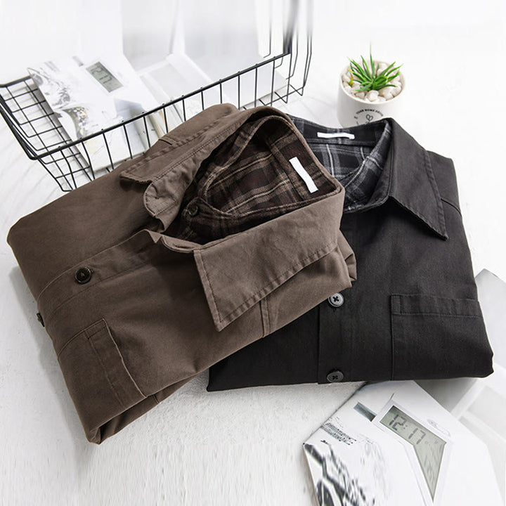 Buddha Stones Spring Plaid Pattern Fake Two-piece Long Sleeve Men's Cotton Jacket With Pocket - image 22