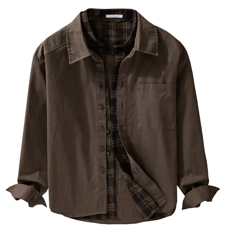 Buddha Stones Spring Plaid Pattern Fake Two-piece Long Sleeve Men's Cotton Jacket With Pocket - image 19