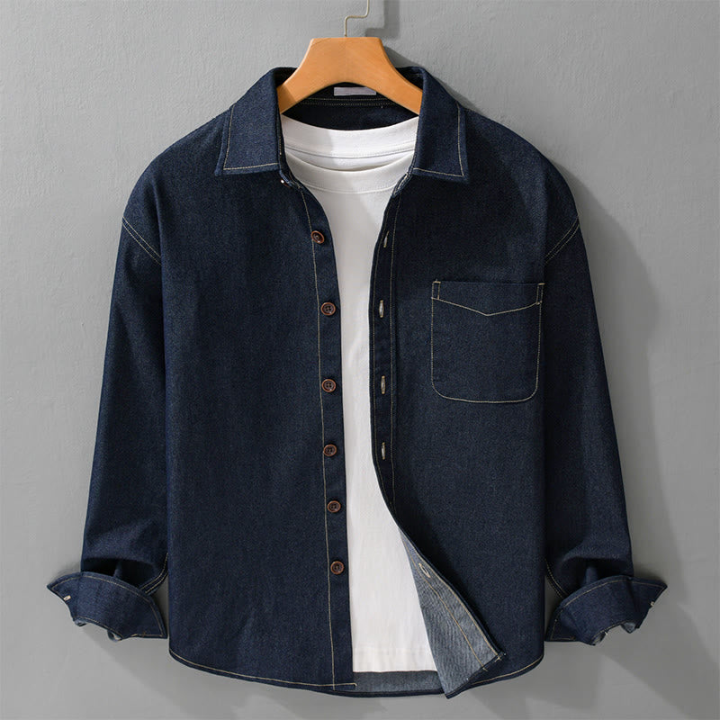 Buddha Stones Fall Plain Buttons Long Sleeve Men's Cotton Jacket With Pocket - MidnightBlue - US/UK/AU42，EU52 (3XL) - image 0