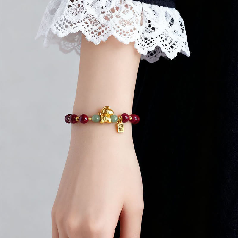 Buddha Stones Chinese Zodiac Year of the Horse Fu Character Cinnabar Hetian Jade Blessing Bracelet - image 5