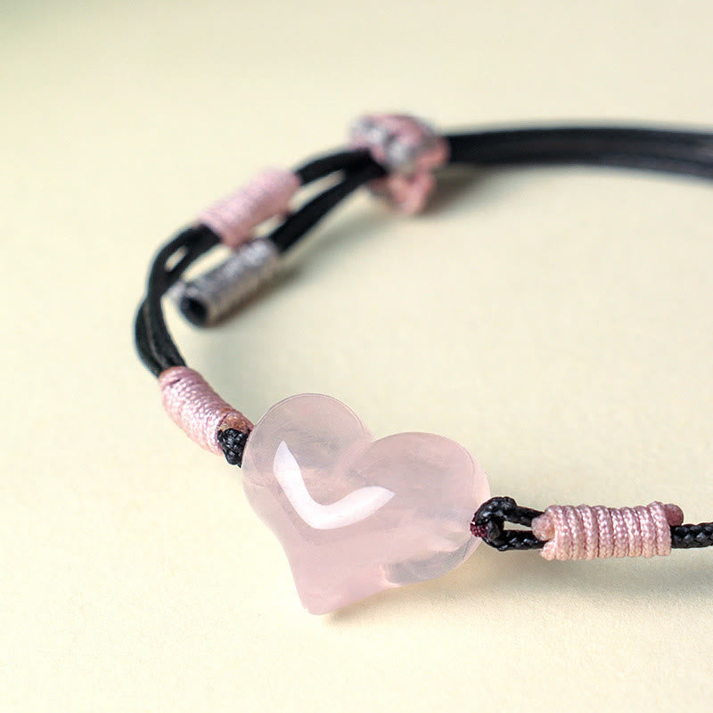 Buddha Stones Natural Heart Charm Pink Crystal Braided String Warmth Bracelet - image 8