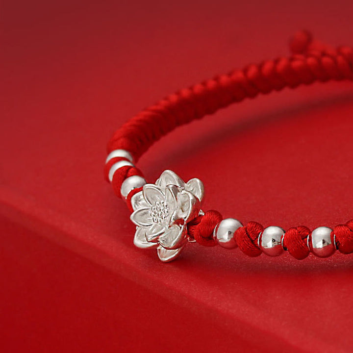 Buddha Stones 999 Sterling Silver Lotus Symbol 990 Sterling Silver Bead Red String Luck Bracelet - image 6
