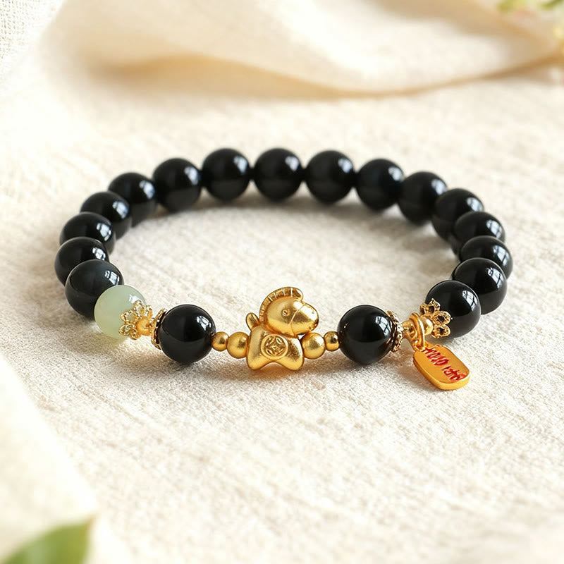 Buddha Stones Year Of The Horse Hetian Jade Black Obsidian Red Agate Strength Bracelet - Black Obsidian(Wrist Circumference:14-15cm) - image 0