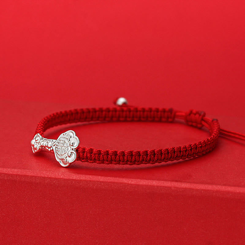 Buddha Stones 999 Sterling Silver Ruyi Fu Character Luck Red String Connection Braided Bracelet - image 1
