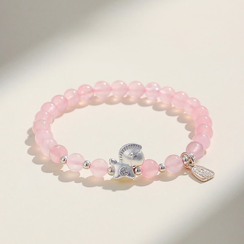 Buddha Stones Year Of The Horse Black Obsidian Red Agate Pink Crystal Silver Fulfilment Bracelet - Pink Crystal(Wrist Circumference:14-15cm) - image 9