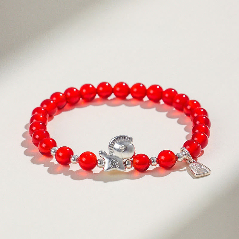 Buddha Stones Year Of The Horse Black Obsidian Red Agate Pink Crystal Silver Fulfilment Bracelet - Red Agate(Wrist Circumference:14-15cm) - image 3