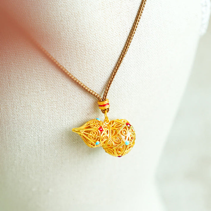 Buddha Stones Hollow Gourd Design 24k Gold Plated Brass Rope Necklace Pendant - image 3