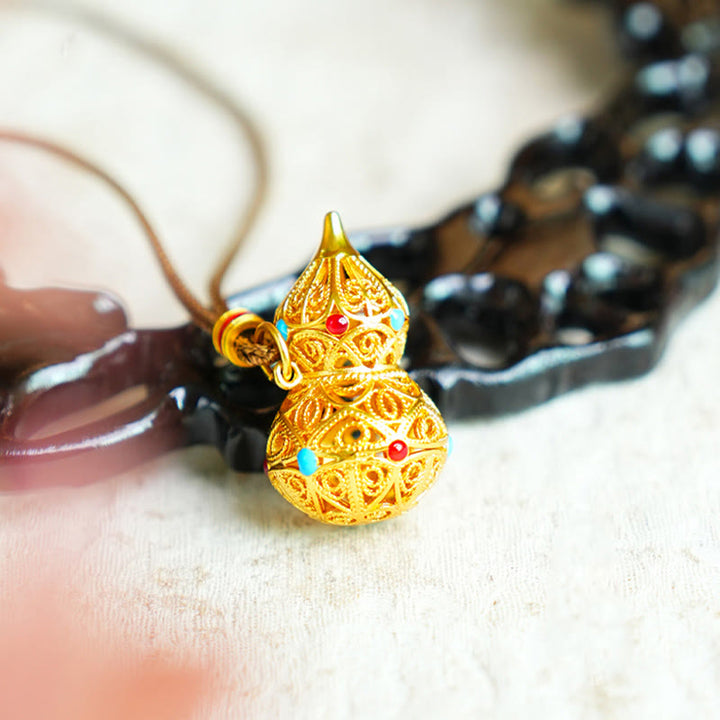 Buddha Stones Hollow Gourd Design 24k Gold Plated Brass Rope Necklace Pendant - image 0