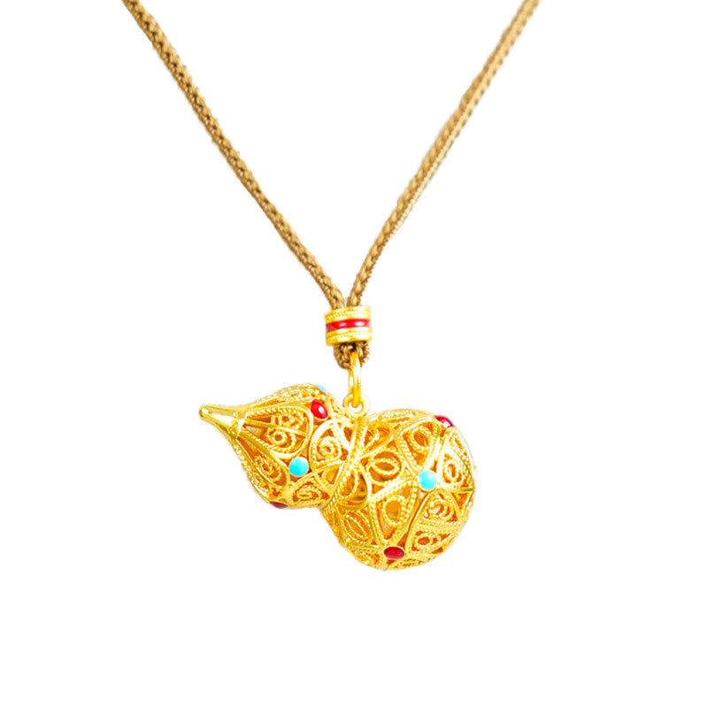 Buddha Stones Hollow Gourd Design 24k Gold Plated Brass Rope Necklace Pendant - image 6
