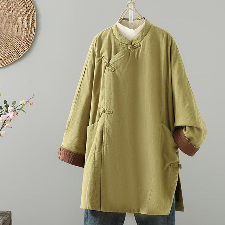Buddha Stones Winter Frog-button Mid-length Women's Cotton Coat With Pockets - YellowGreen - US14，UK/AU18，EU46 (2XL) - image 0