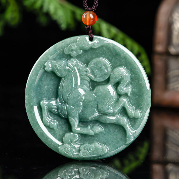 Buddha Stones Year Of The Horse Jade Abundance Luck Necklace Pendants - image 1