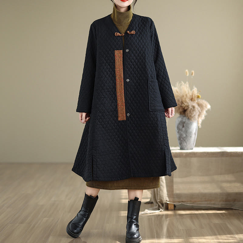 Buddha Stones Diamond Pattern Mid-length Women's Cotton Coat With Pockets - Black - US14，UK/AU18，EU46 (2XL) - image 0
