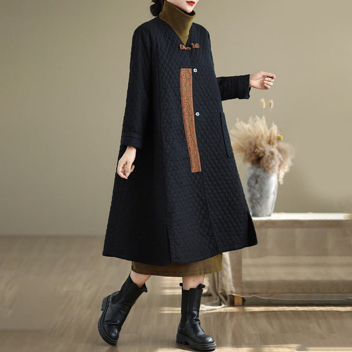 Buddha Stones Diamond Pattern Mid-length Women's Cotton Coat With Pockets - image 2