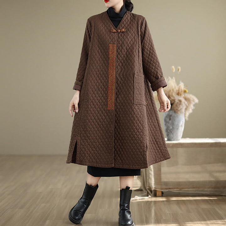 Buddha Stones Diamond Pattern Mid-length Women's Cotton Coat With Pockets - image 11