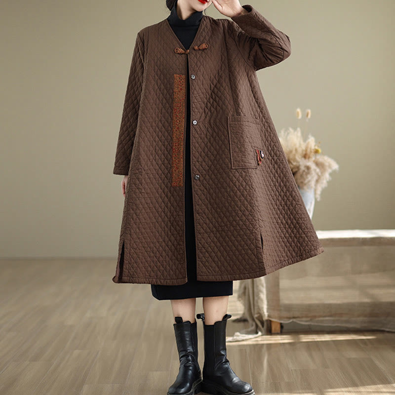 Buddha Stones Diamond Pattern Mid-length Women's Cotton Coat With Pockets - image 10