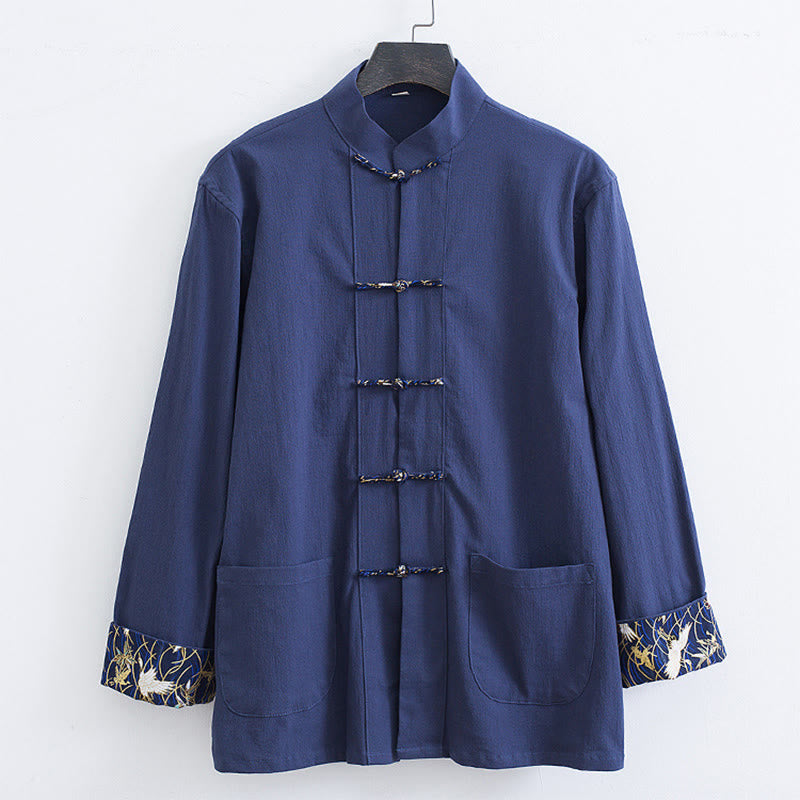 Buddha Stones Spring Cranes Design Men's Frog-Button Cotton Linen Long Sleeve Jacket - image 10