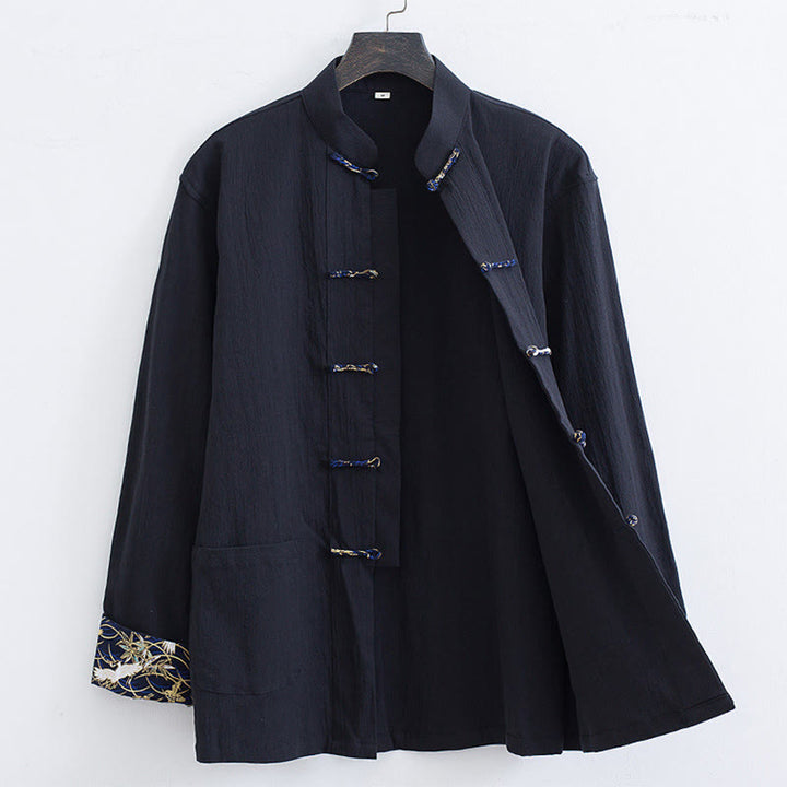 Buddha Stones Spring Cranes Design Men's Frog-Button Cotton Linen Long Sleeve Jacket - Black - US/UK/AU52，EU62 (8XL) - image 0
