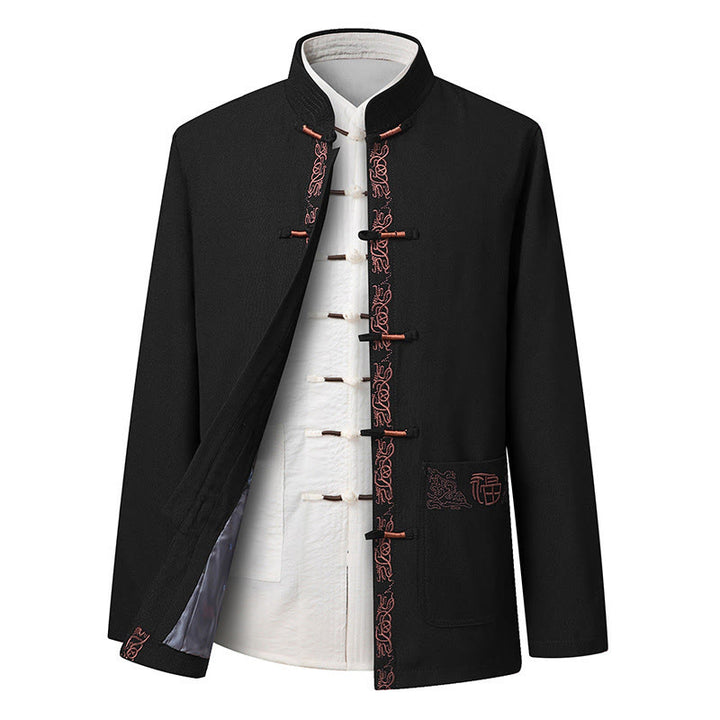 Buddha Stones Fu Character Embroidery Tang Suit Frog-Button Men's Long Sleeve Jacket Shirt Pants - Black Jacket(Jacket Only) - US/UK/AU44，EU54 (4XL) - image 8