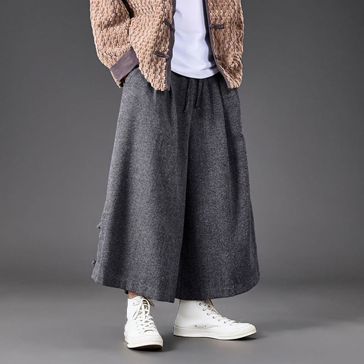 Buddha Stones Winter Chinese Frog-Button Design Corduroy Thermal Men's Wide Leg Pants With Pockets - image 22