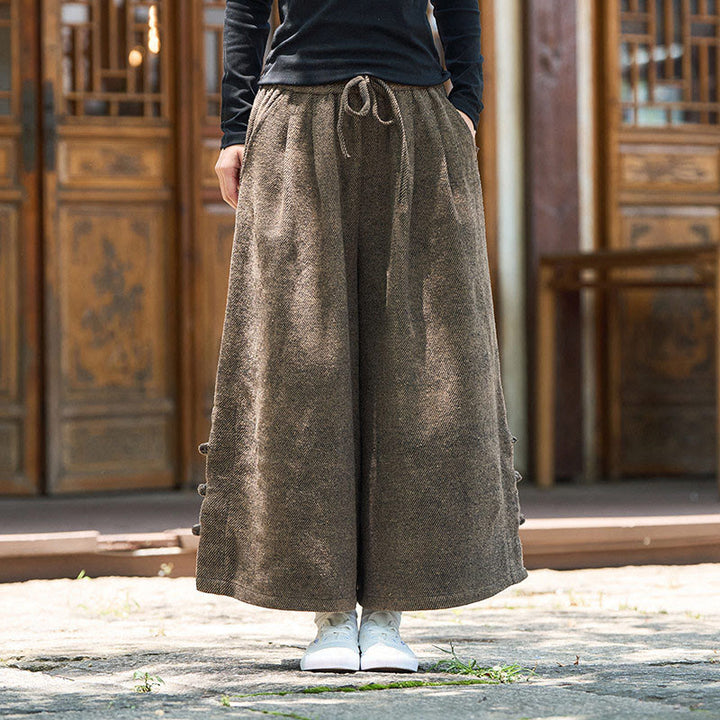 Buddha Stones Winter Chinese Frog-Button Design Corduroy Thermal Men's Wide Leg Pants With Pockets - image 13