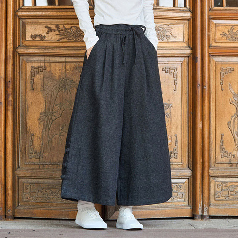 Buddha Stones Winter Chinese Frog-Button Design Corduroy Thermal Men's Wide Leg Pants With Pockets - image 0