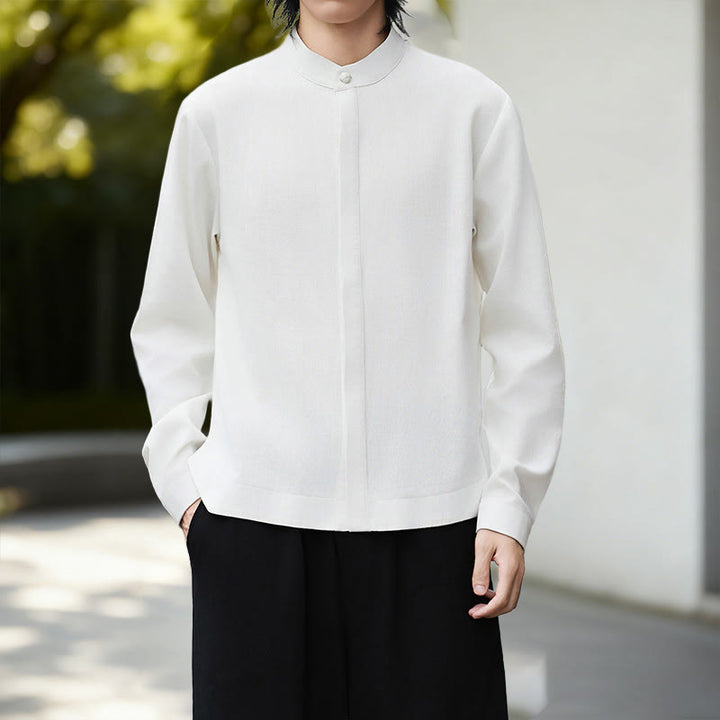 Buddha Stones Fall Solid Color White Men's Long Sleeve Cotton Linen Shirt Corduroy Kimono - image 1