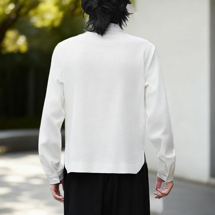 Buddha Stones Fall Solid Color White Men's Long Sleeve Cotton Linen Shirt Corduroy Kimono - image 3