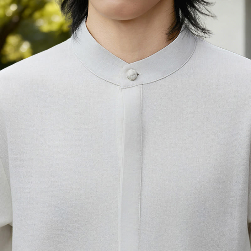 Buddha Stones Fall Solid Color White Men's Long Sleeve Cotton Linen Shirt Corduroy Kimono - image 8