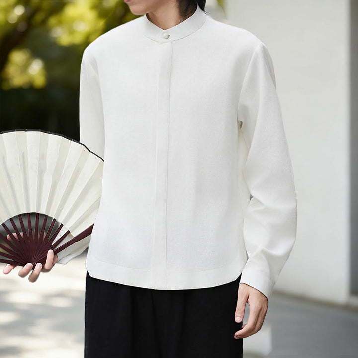 Buddha Stones Fall Solid Color White Men's Long Sleeve Cotton Linen Shirt Corduroy Kimono - image 2