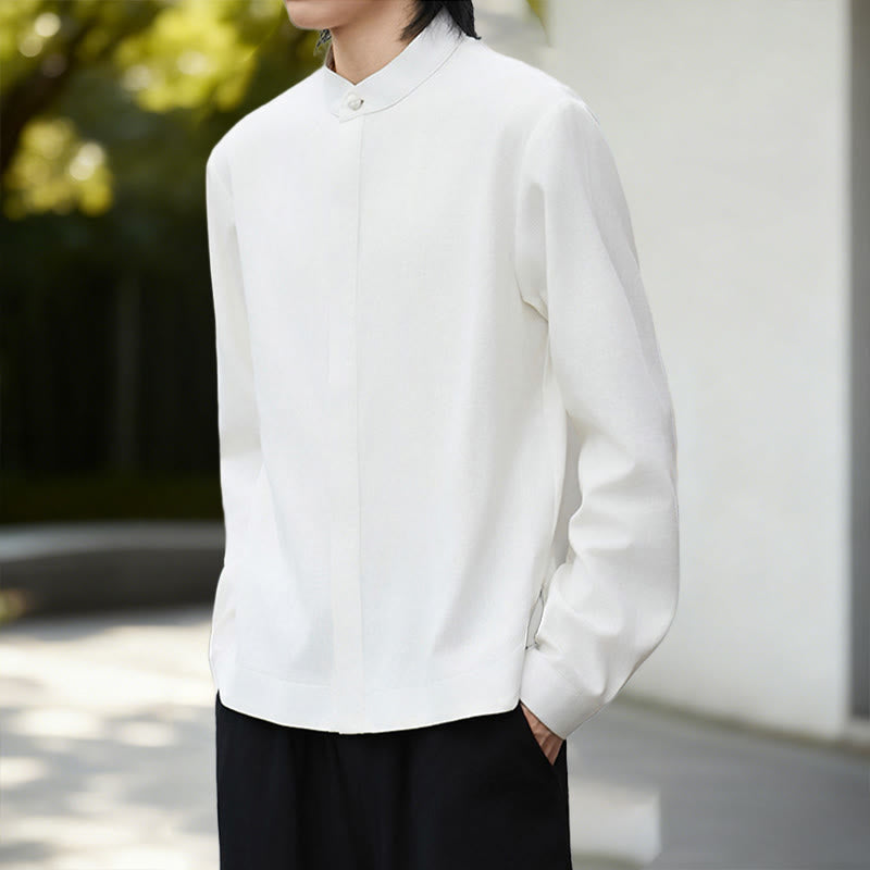 Buddha Stones Fall Solid Color White Men's Long Sleeve Cotton Linen Shirt Corduroy Kimono - image 6