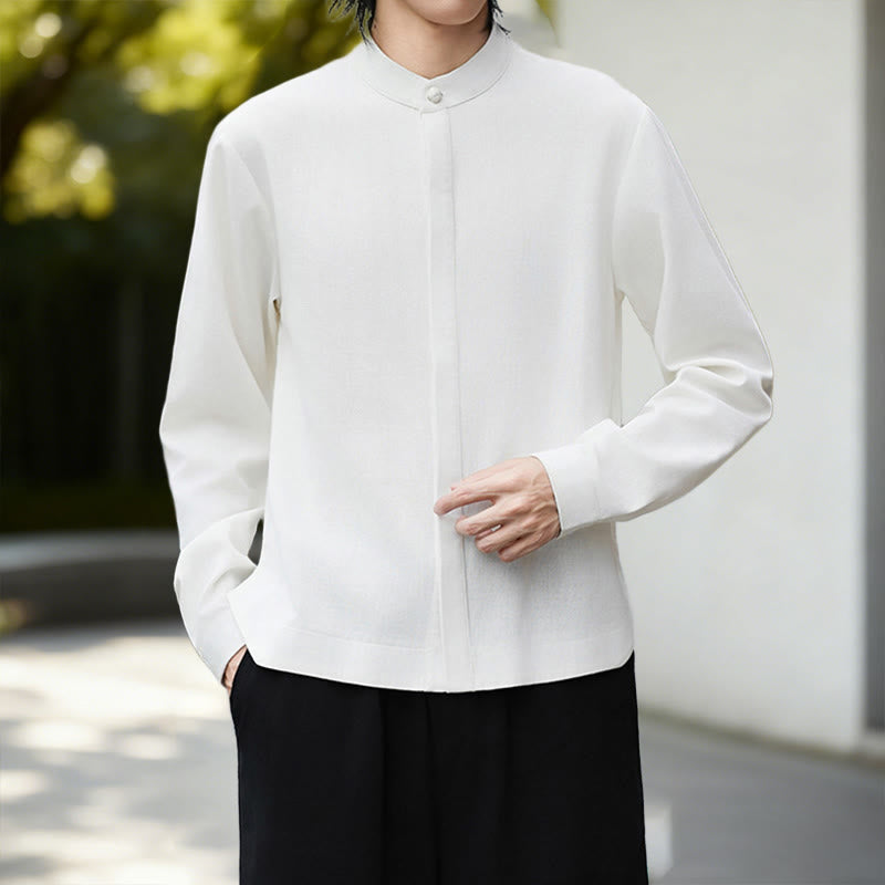 Buddha Stones Fall Solid Color White Men's Long Sleeve Cotton Linen Shirt Corduroy Kimono - image 7