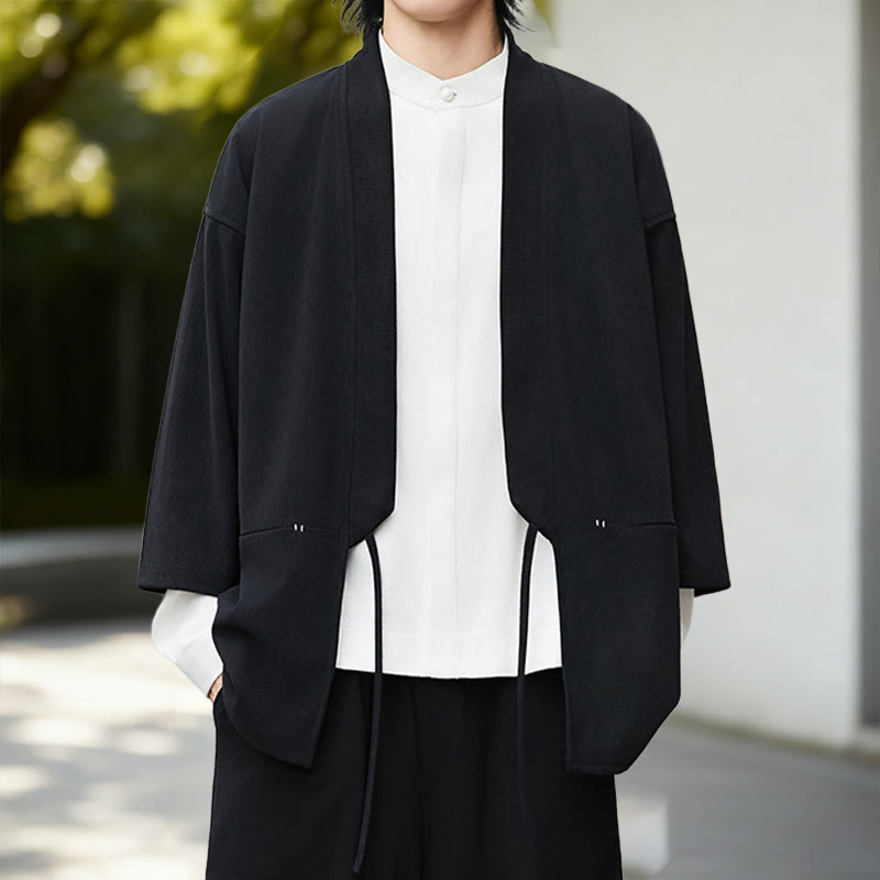 Buddha Stones Solid Color Open Front Long Sleeve Corduroy Jacket Men's Kimono Cotton Linen Shirt - image 1