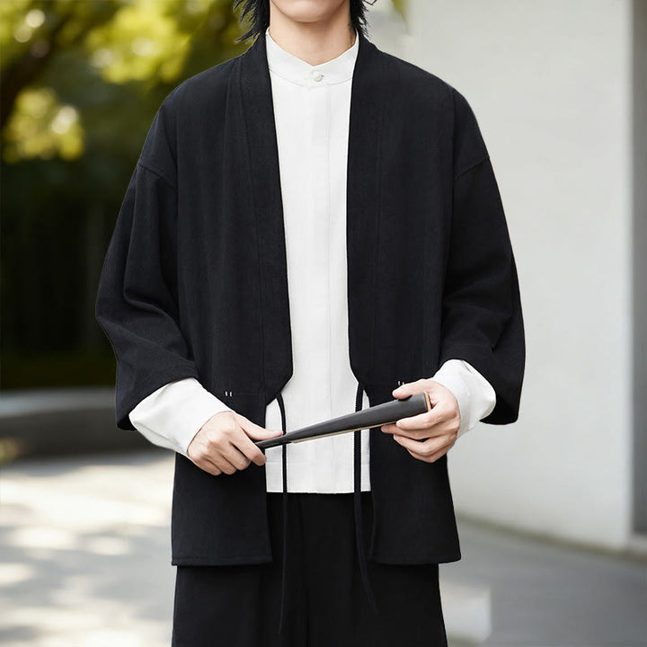 Buddha Stones Fall Solid Color White Men's Long Sleeve Cotton Linen Shirt Corduroy Kimono - Black Kimono - US/UK/AU46，EU56 (5XL) - image 10