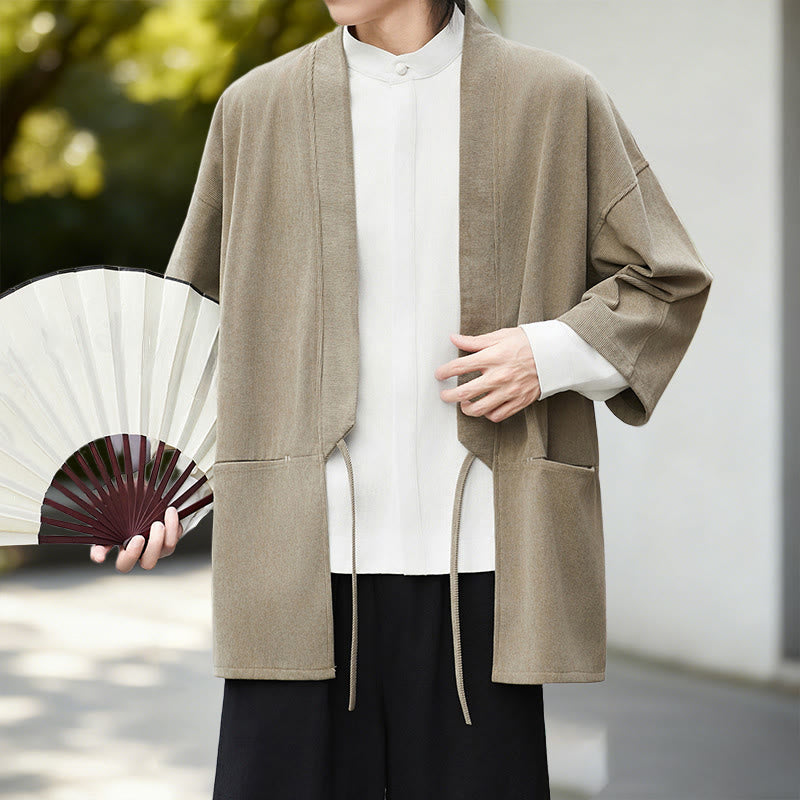 Buddha Stones Fall Solid Color White Men's Long Sleeve Cotton Linen Shirt Corduroy Kimono - image 15