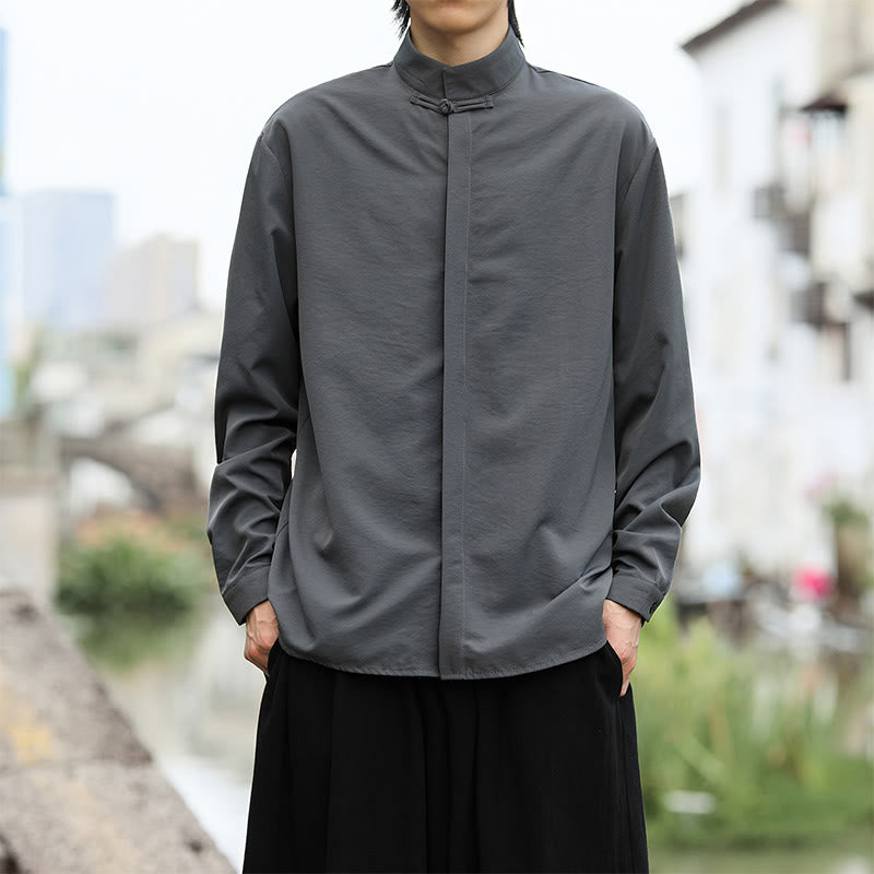 Buddha Stones Solid Color One Frog-Button Long Sleeve Cotton Men's Shirt - Gray - US/UK/AU46，EU56 (5XL) - image 0