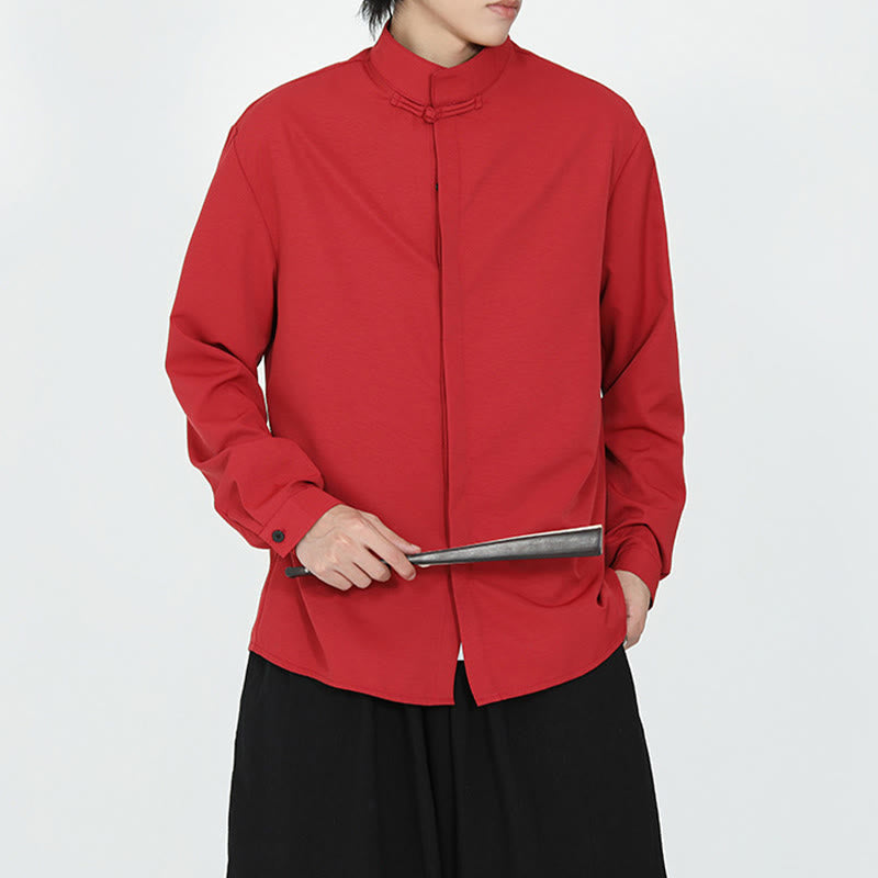 Buddha Stones Solid Color One Frog-Button Long Sleeve Cotton Men's Shirt - image 12