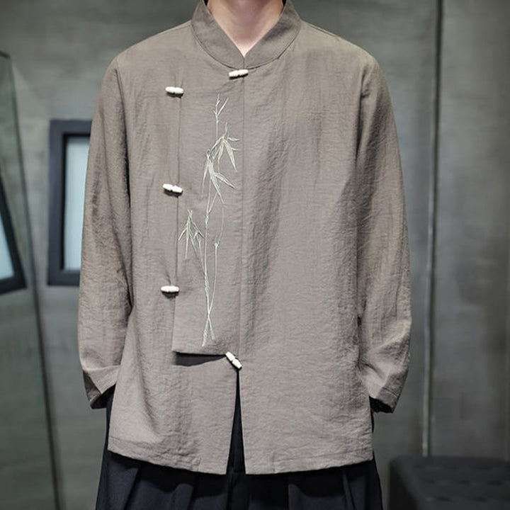 Buddha Stones Fall Solid Color Bamboo Leaf Embroidery Men's Long Sleeve Cotton Linen Shirt - image 2