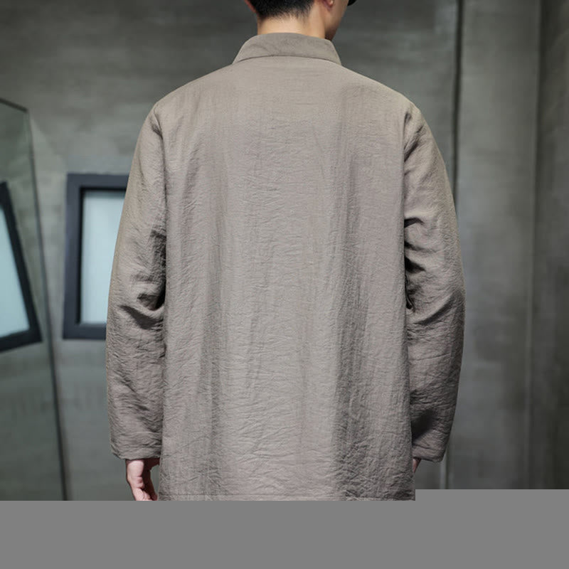 Buddha Stones Fall Solid Color Bamboo Leaf Embroidery Men's Long Sleeve Cotton Linen Shirt - image 3