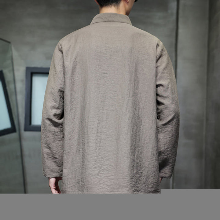 Buddha Stones Fall Solid Color Bamboo Leaf Embroidery Men's Long Sleeve Cotton Linen Shirt - image 3