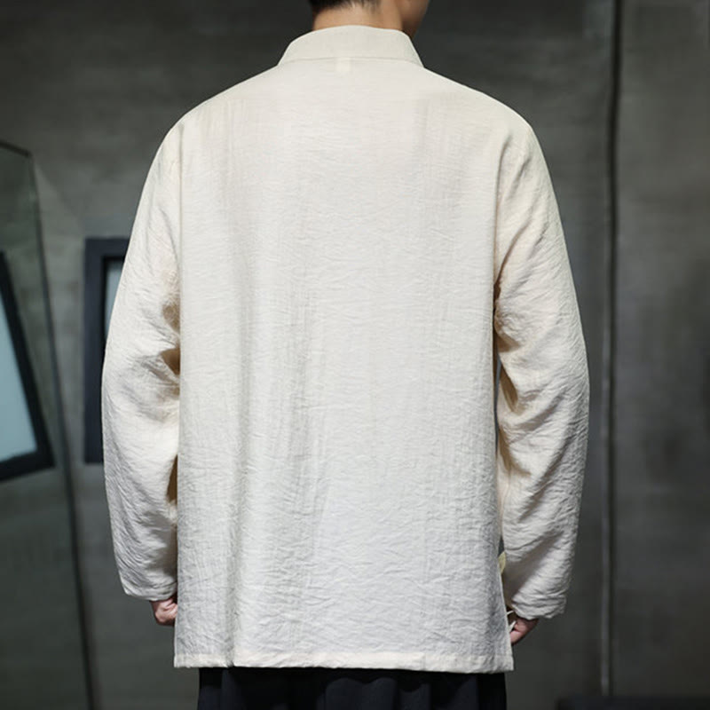 Buddha Stones Fall Solid Color Bamboo Leaf Embroidery Men's Long Sleeve Cotton Linen Shirt - image 9