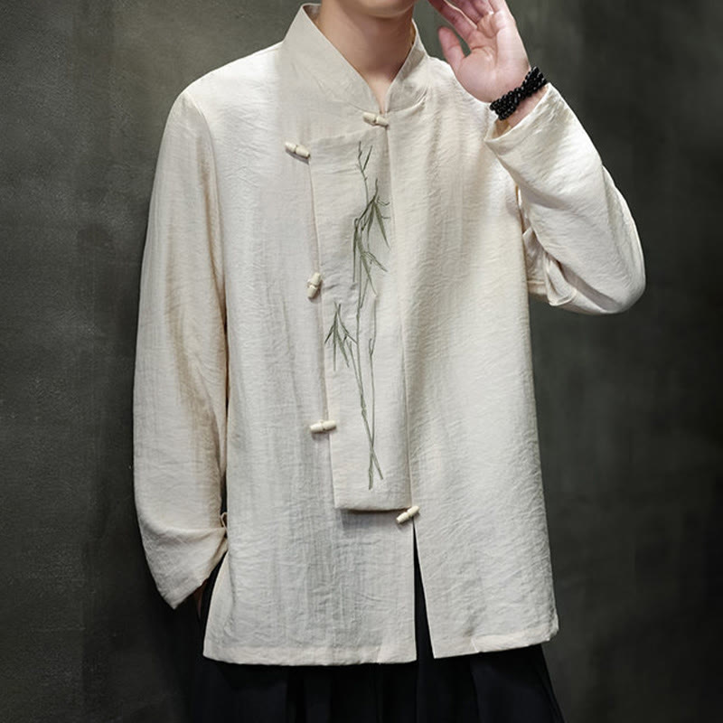 Buddha Stones Fall Solid Color Bamboo Leaf Embroidery Men's Long Sleeve Cotton Linen Shirt - image 11