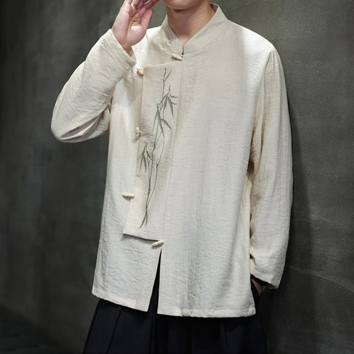 Buddha Stones Fall Solid Color Bamboo Leaf Embroidery Men's Long Sleeve Cotton Linen Shirt - image 12