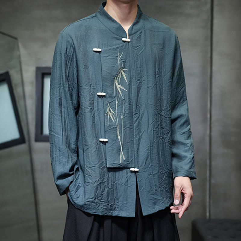 Buddha Stones Fall Solid Color Bamboo Leaf Embroidery Men's Long Sleeve Cotton Linen Shirt - image 27