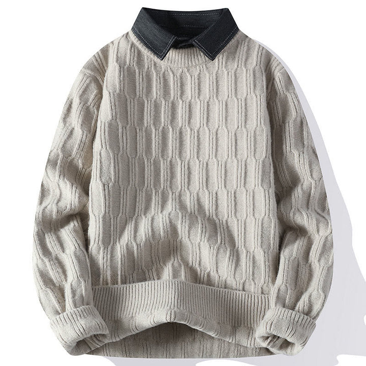 Buddha Stones Winter Black Stand Collar Lines Design Warm Men's Long Sleeve Knitted Sweater - Linen - US/UK/AU44，EU54 (4XL) - image 0