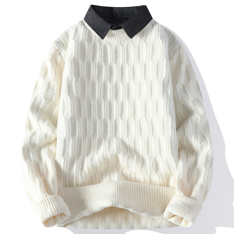 Buddha Stones Winter Black Stand Collar Lines Design Warm Men's Long Sleeve Knitted Sweater - White - US/UK/AU44，EU54 (4XL) - image 8