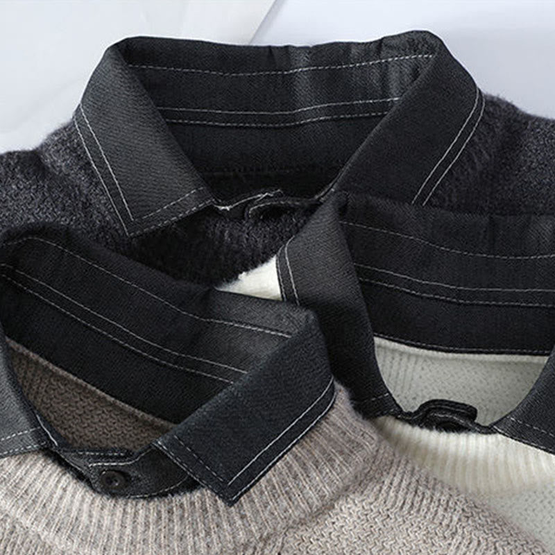 Buddha Stones Winter Black Stand Collar Plaid Pattern Warm Men's Long Sleeve Knitted Sweater - image 7