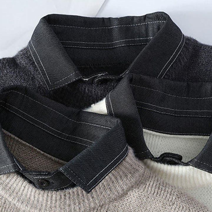 Buddha Stones Winter Black Stand Collar Plaid Pattern Warm Men's Long Sleeve Knitted Sweater - image 7