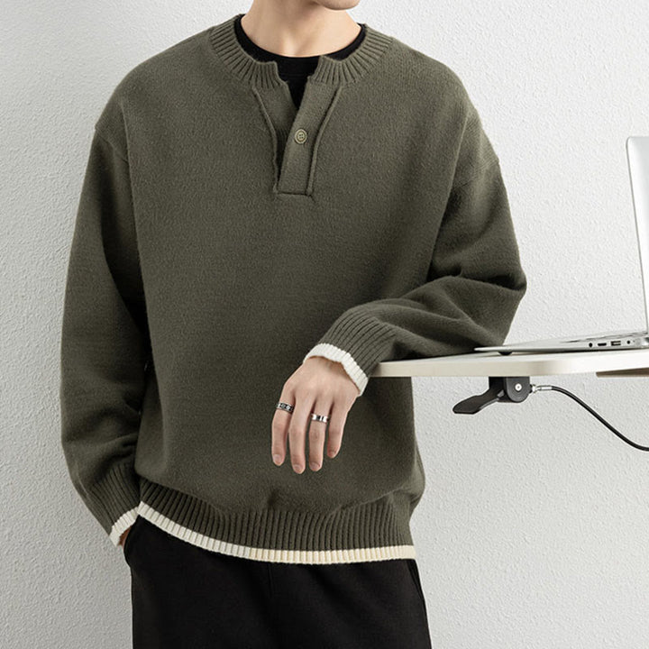 Buddha Stones Winter V-Neck One Button Design Warm Men's Long Sleeve Knitted Sweater - image 30