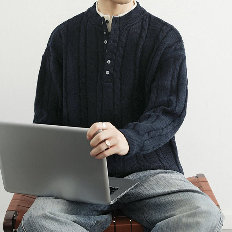 Buddha Stones Winter V-Neck Buttons Twisted Design Warm Men's Long Sleeve Knitted Sweater - image 5